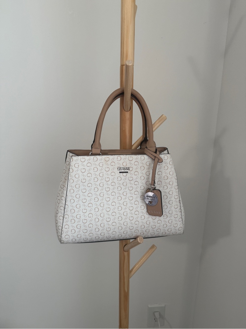 GUESS Cream Logo-Print Purse with Tan Trim and Handles